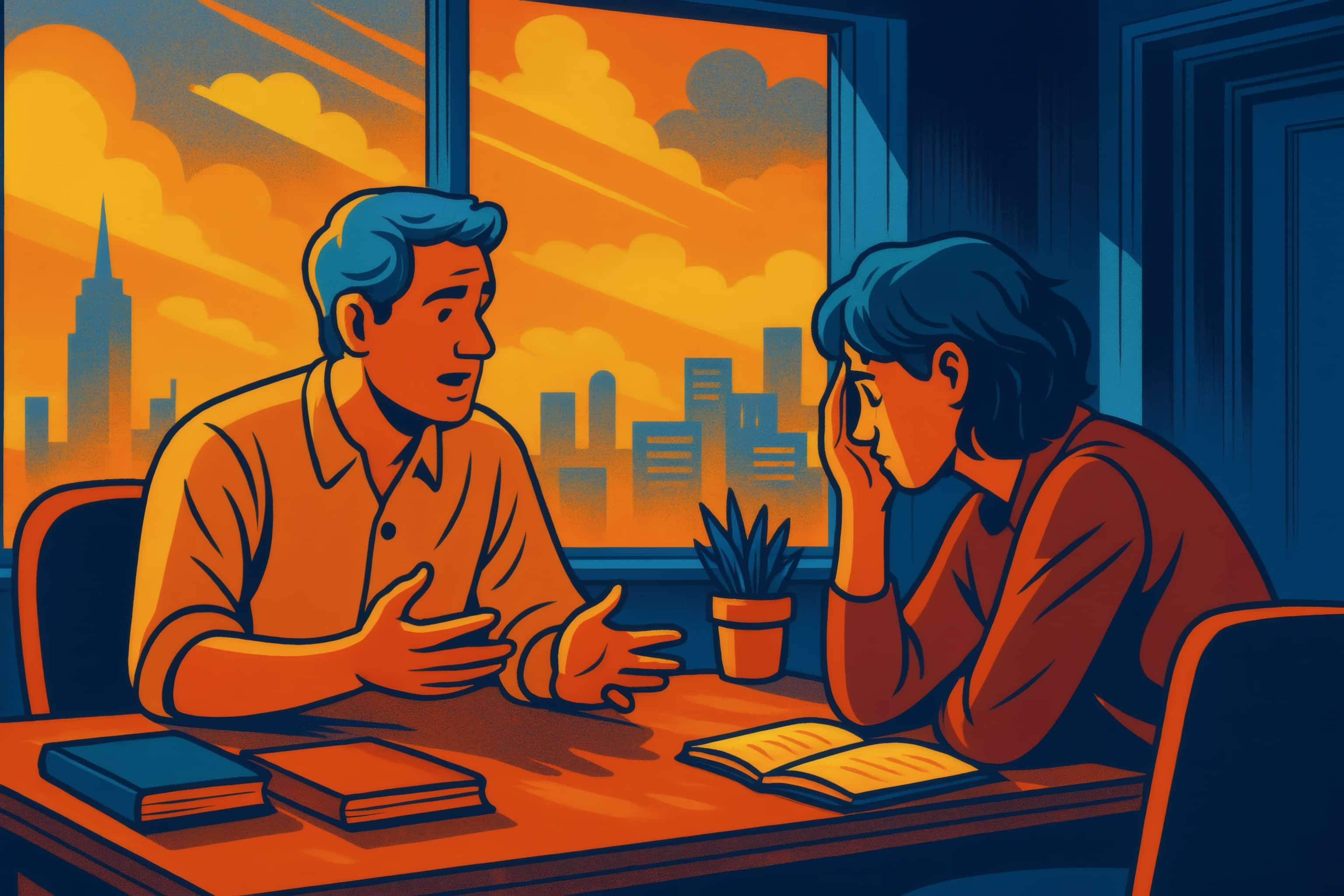 A manager sits at his desk, visibly stressed, surrounded by crumpled papers, while two employees argue in the background 